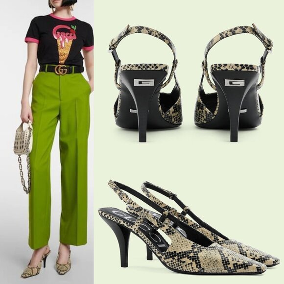 GUCCI SHOES MID HEEL SLINGBACK PUMPS PYTHON PRINT LEATHER G LOGO sz 41 11 - Picture 1 of 15